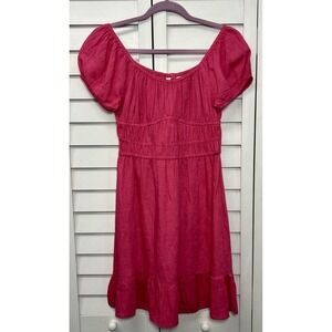 Sim & Sam Linen Blend Puff Sleeve Mini Dress Sundress Size Medium Hot Pink NWT